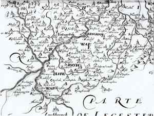 Dettaglio di una mappa della contea di Nottinghamshire che mostra la città di Nottingham, 1642